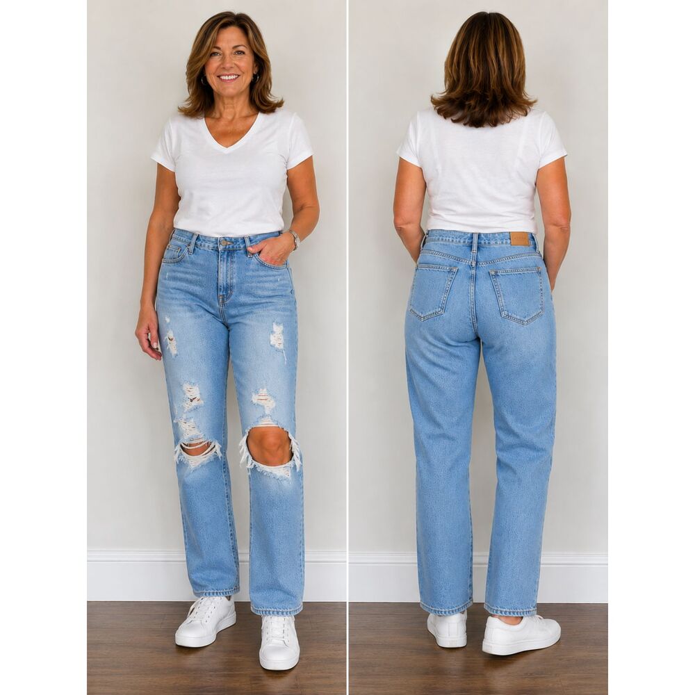J.Crew High Rise Straight Mom Jeans Size 14 Distressed‎ Light Wash Denim